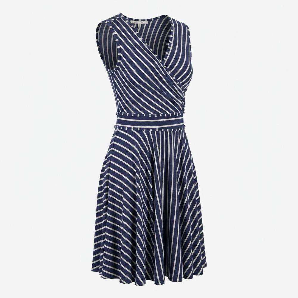 Max Studio Navy Blue White Striped Sleeveless Wrap V-Neck Fit & Flare Dress S